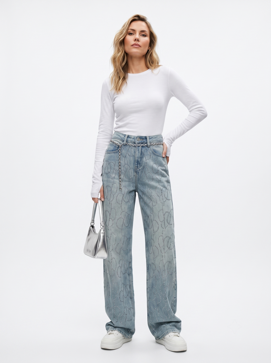 CHAIN DENIM – Wide-Leg Jeans mit Strass & Kettengürtel