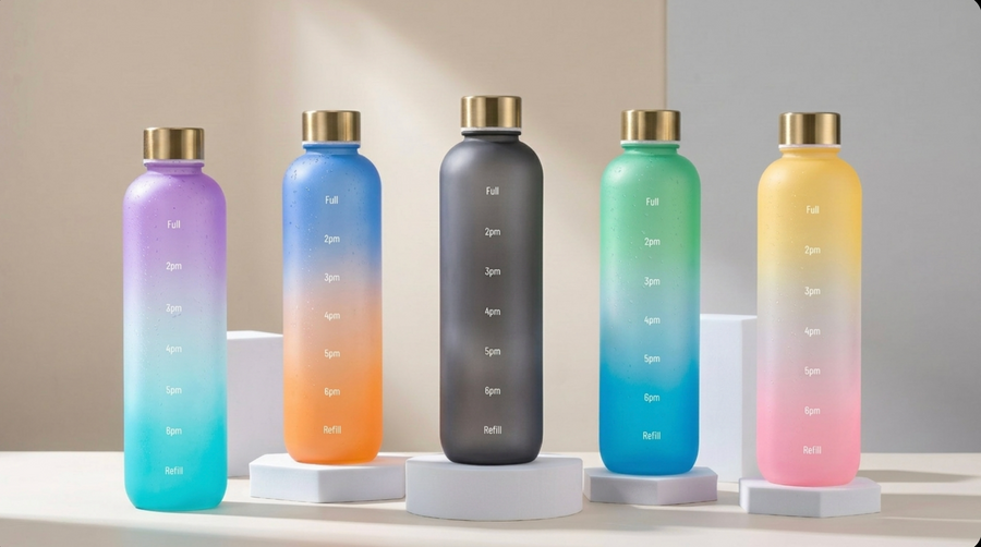 HYDRO FLOW – Sportflasche mit Farbverlauf & Zeitmarkierung, 1L