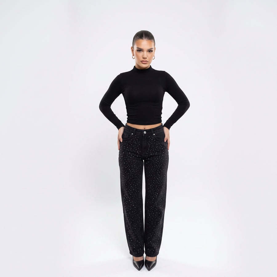 DIAMOND DENIM – High-Waist Strass-Jeans im Streetwear