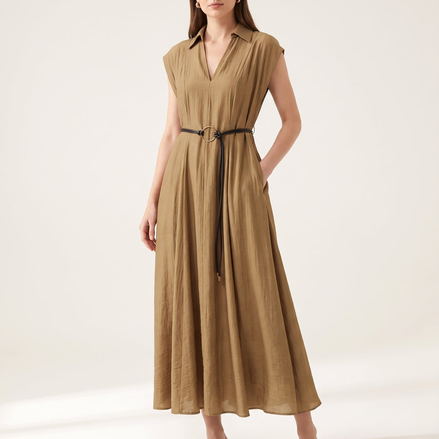 BELTED A-LINE – J9168 Maxikleid mit Gürtel & V-Ausschnitt