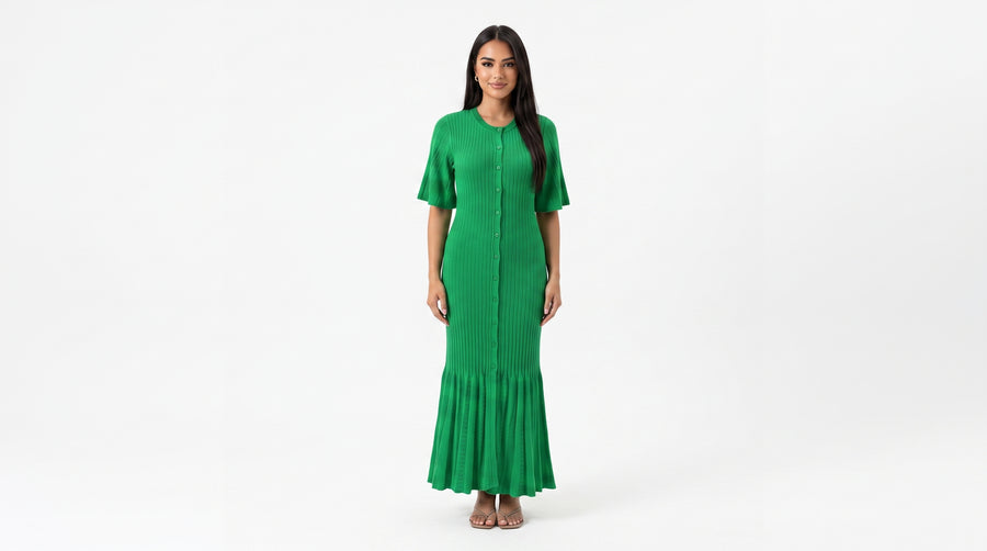 TRUMPET KNIT – Strick-Wollkleid mit Trompetenärmeln