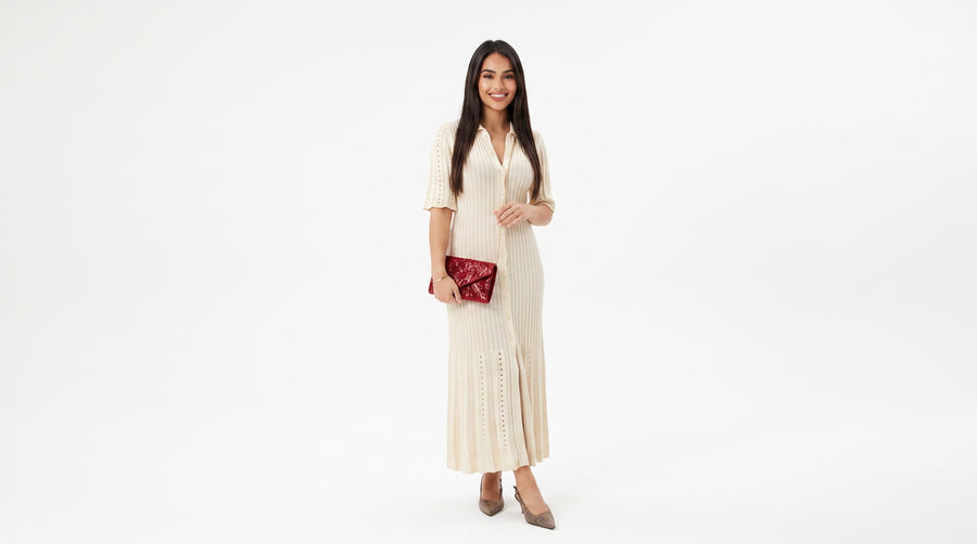 TRUMPET KNIT – Strick-Wollkleid mit Trompetenärmeln