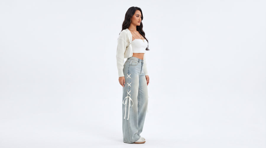 WIDE BAND – JY696 Weite Damenjeans mit Bandverzierung
