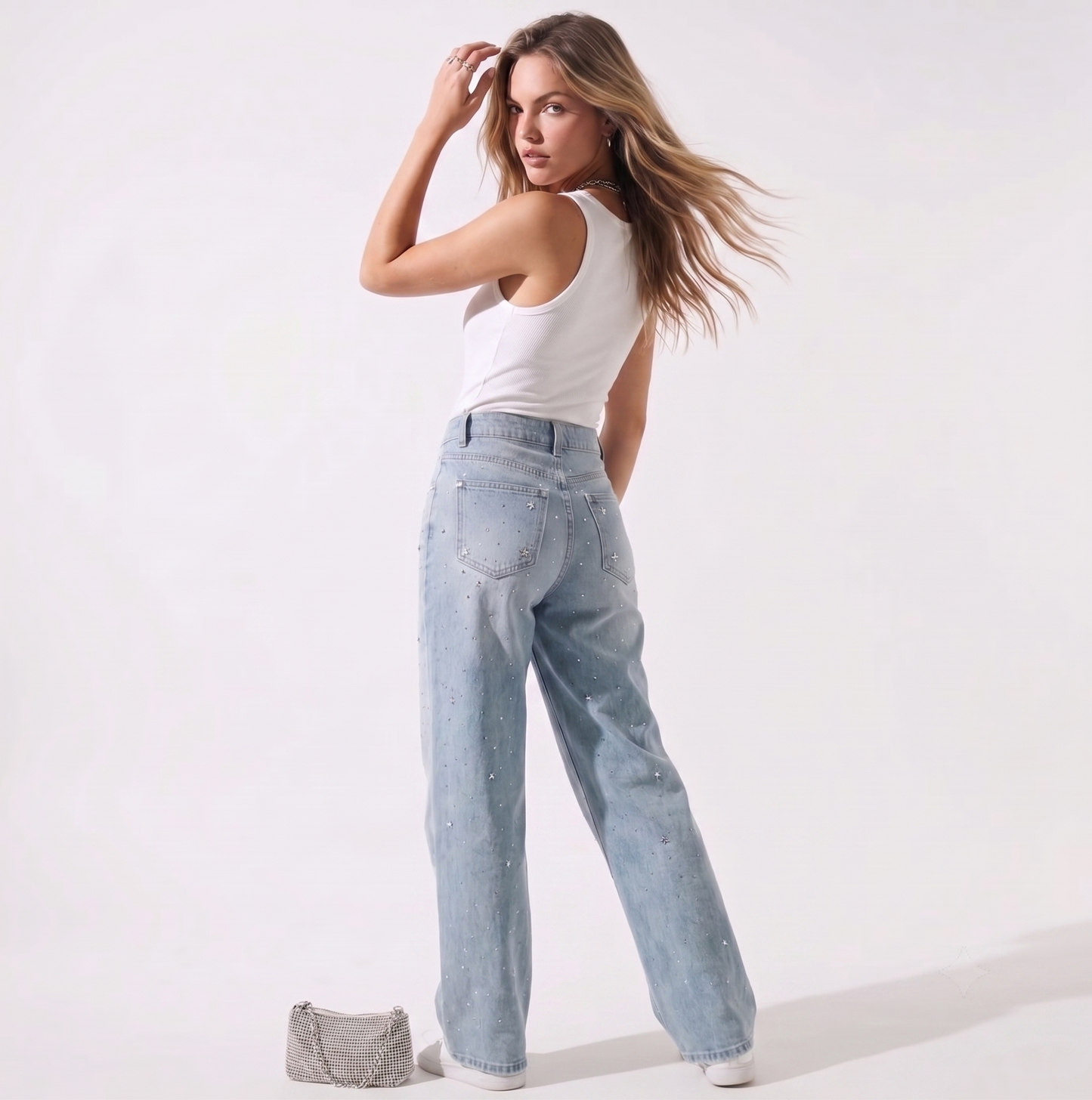 Glitzer-Jeans mit Strasssteinen & Sternen – High Waist Mom Jeans für Damen