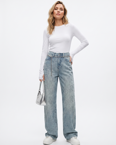 CHAIN DENIM – Wide-Leg Jeans mit Strass & Kettengürtel