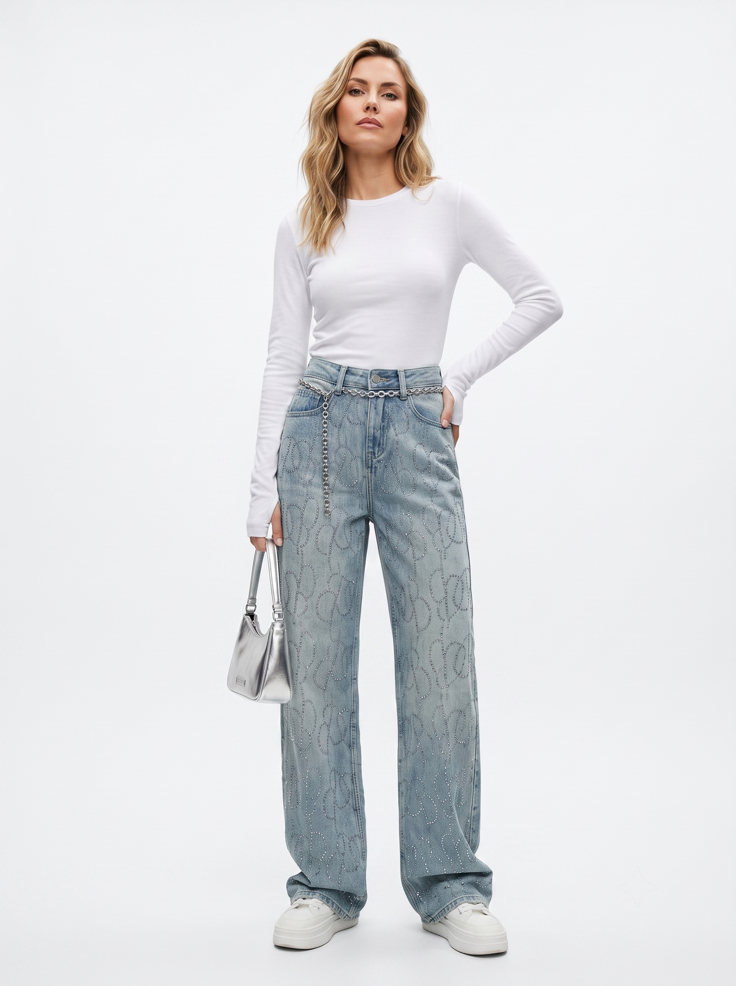 Wide-Leg Jeans mit Strasssteinen & Kettengürtel – Streetstyle High Waist Damen