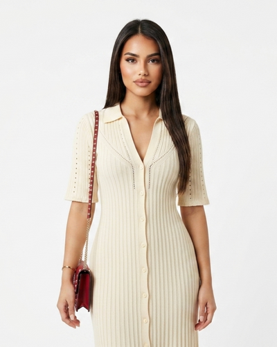 TRUMPET KNIT – Strick-Wollkleid mit Trompetenärmeln
