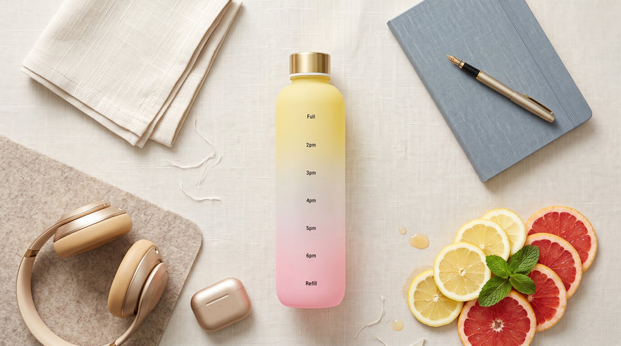 HYDRO FLOW – Sportflasche mit Farbverlauf & Zeitmarkierung, 1L