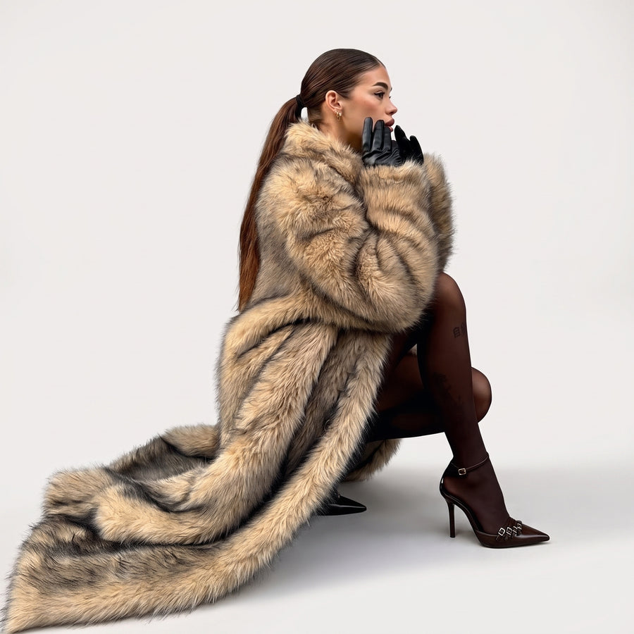 FOX LUXE – Langer Kunstfuchs-Pelzmantel mit Schalkragen