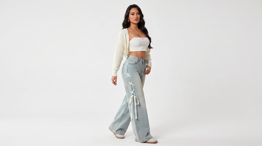 WIDE BAND – JY696 Weite Damenjeans mit Bandverzierung