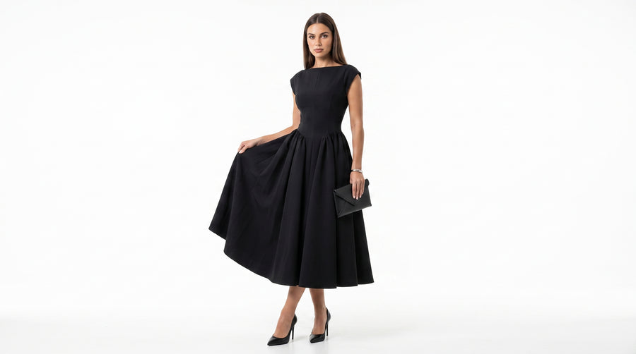 BACKLESS VINTAGE – Tailliertes Maxikleid im Retro-Look