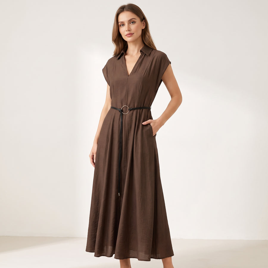 BELTED A-LINE – J9168 Maxikleid mit Gürtel & V-Ausschnitt