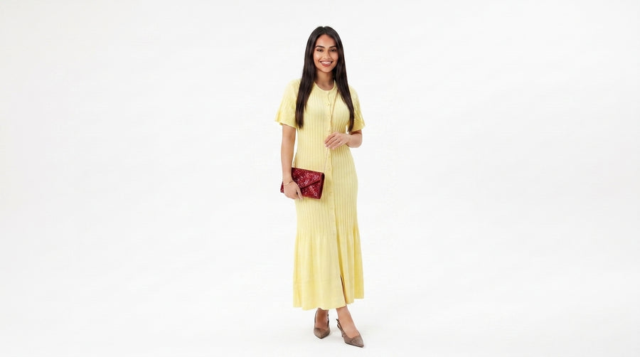 TRUMPET KNIT – Strick-Wollkleid mit Trompetenärmeln