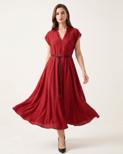 BELTED A-LINE – J9168 Maxikleid mit Gürtel & V-Ausschnitt