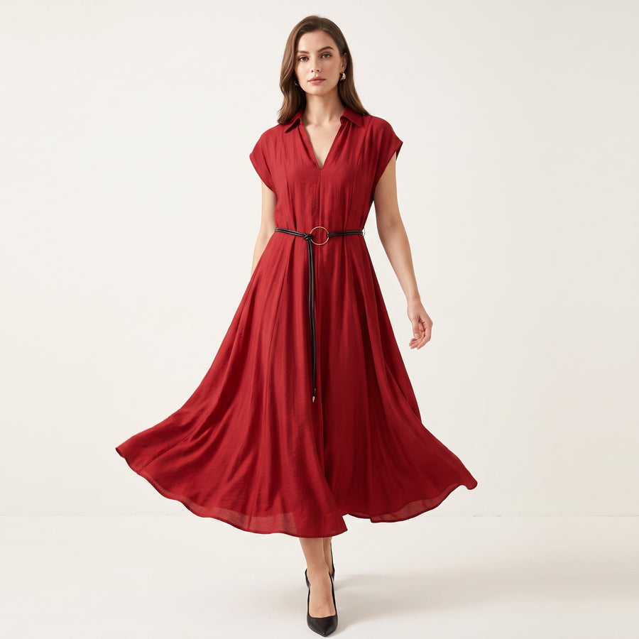 BELTED A-LINE – J9168 Maxikleid mit Gürtel & V-Ausschnitt
