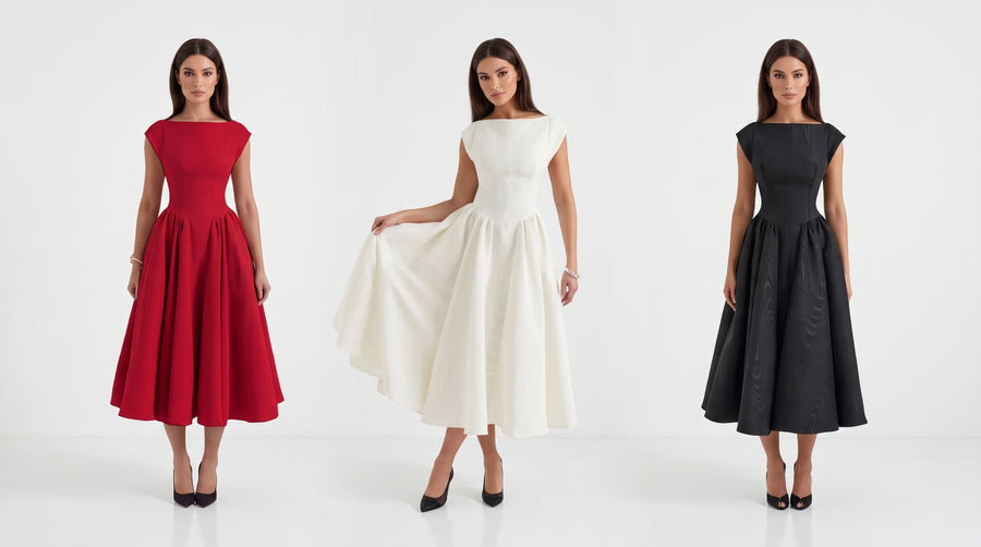 BACKLESS VINTAGE – Tailliertes Maxikleid im Retro-Look