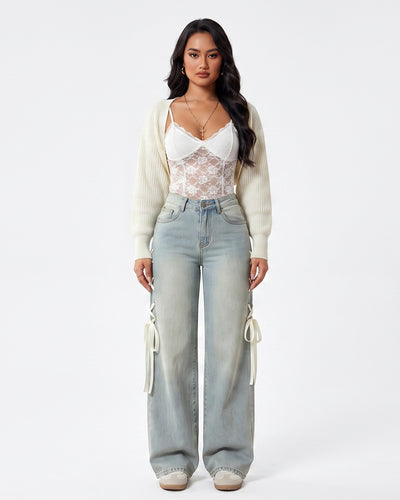WIDE BAND – JY696 Weite Damenjeans mit Bandverzierung