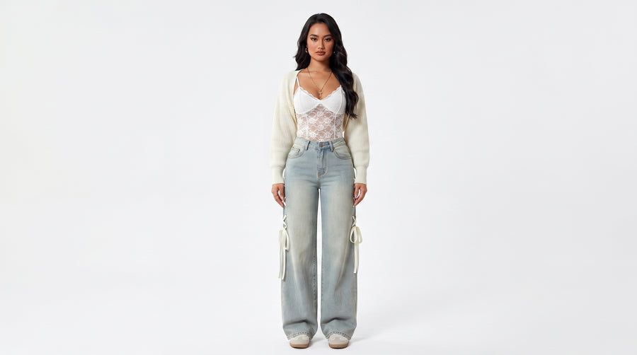 WIDE BAND – JY696 Weite Damenjeans mit Bandverzierung
