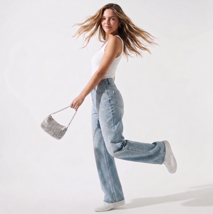 STARLIGHT DENIM – Glitzer-Jeans mit Strass & Sternen, High Waist